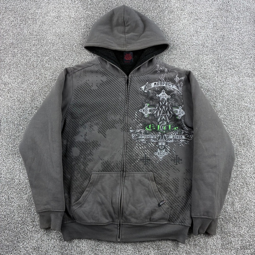 Vintage Y2K MMA Elite Hoodie Mens Medium Gray Sherpa Lined Full Zip Cross Goth
